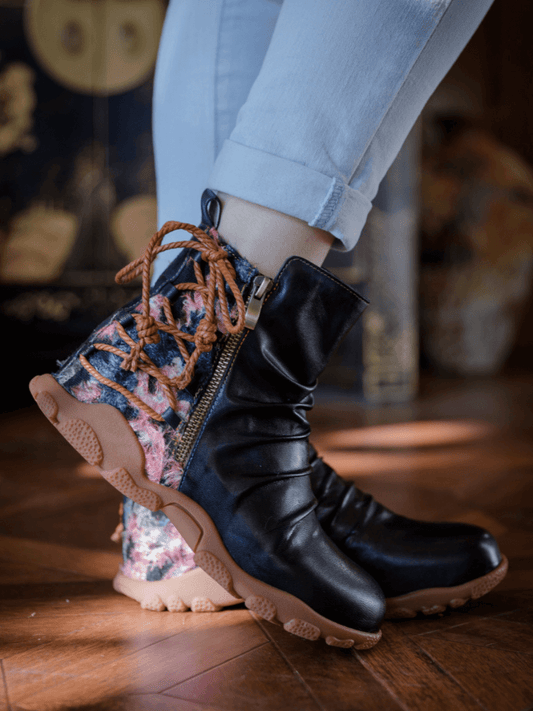 Soffia | Ruched Black Leather Combat Boot