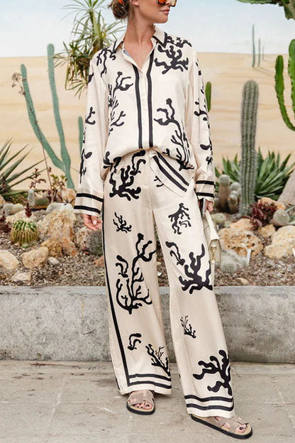 Wide Leg Reef Print Satin Pants