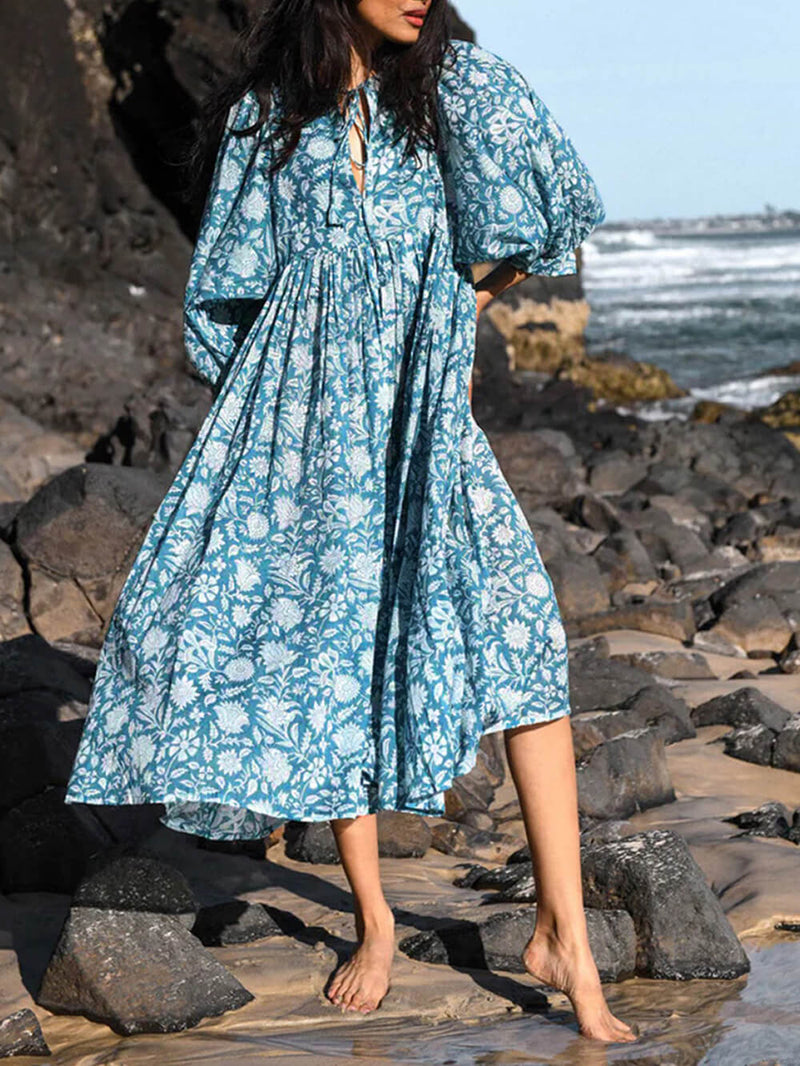 Azure Bloom - Balloon Sleeve Midi Dress