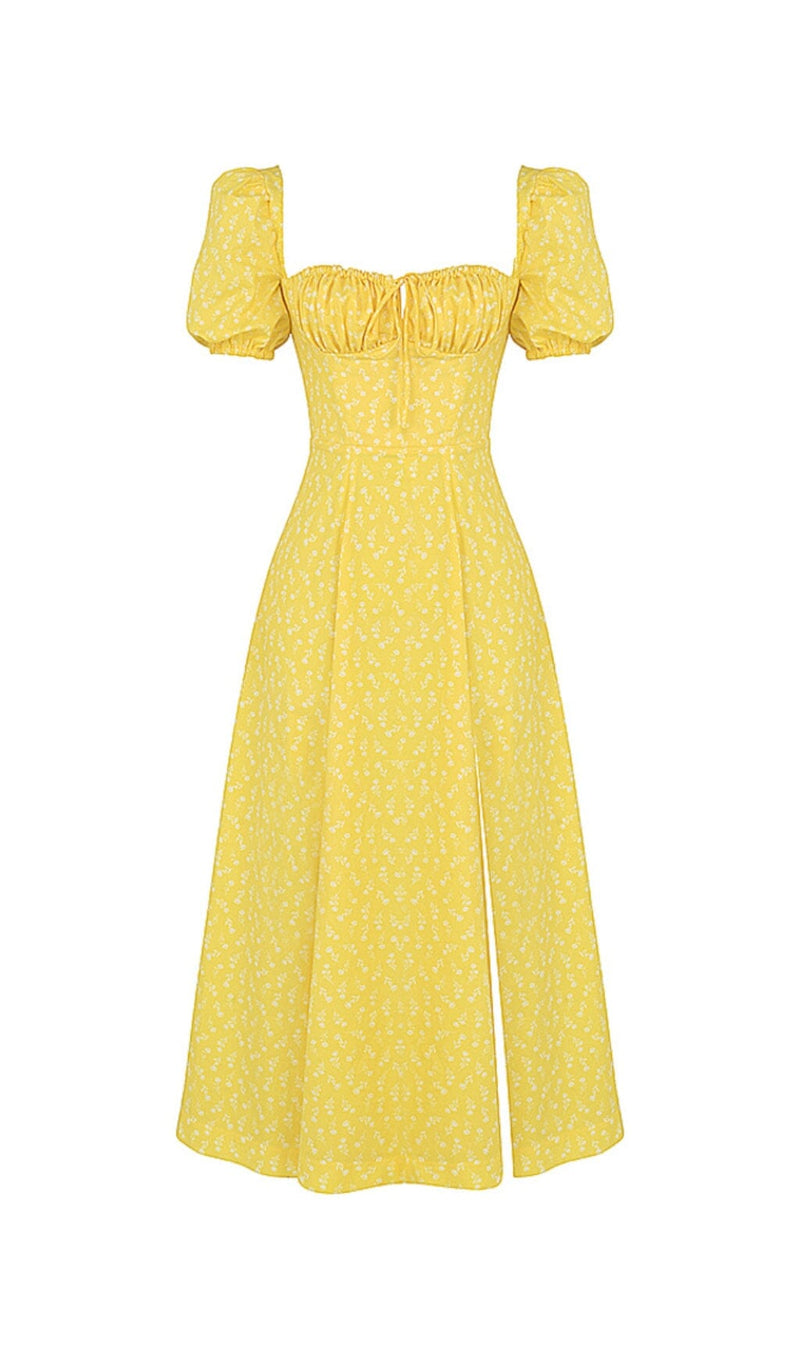 Puff Sleeve Midi Dress in Yellow