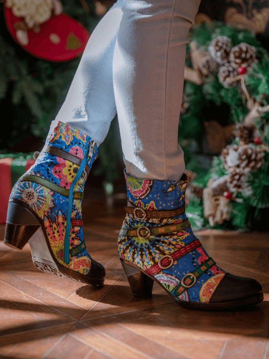 Soffia | Mandala Blue Firework Strap Accent Leather Boot