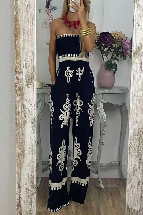 Off Shoulder Smocked High Waist Wide Leg Printed Jumpsuit