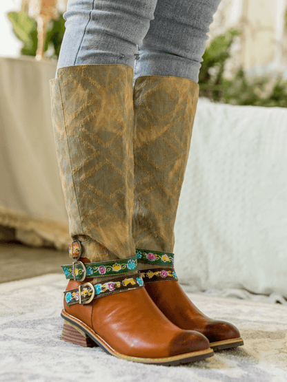 Soffia | Tri-strap Canvas Leather Knee High Boot