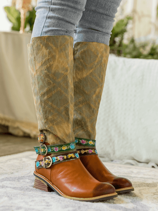 Soffia | Tri-strap Canvas Leather Knee High Boot