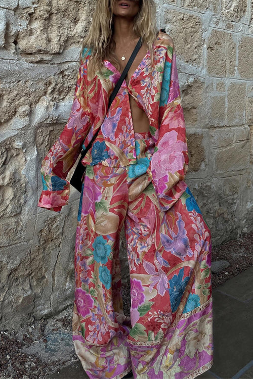 Long Sleeves Button Up Shirt and Wide Leg Pants Print Set