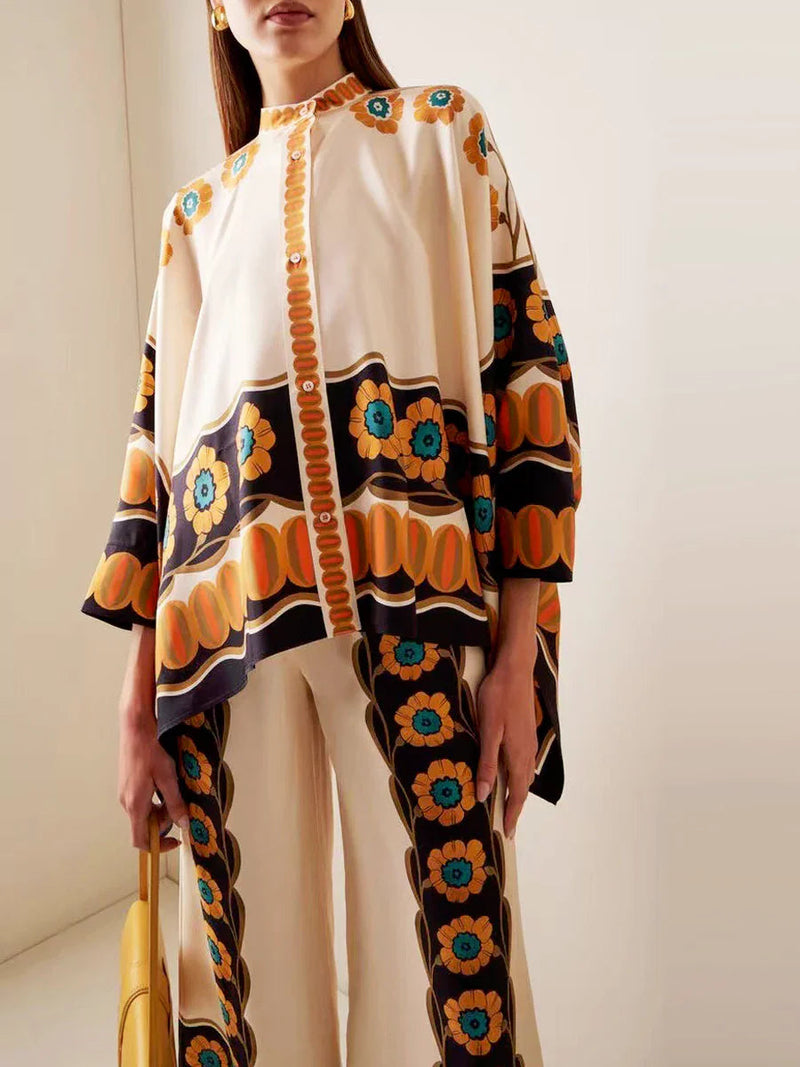 Fine Satin Print Batwing Sleeve Pants Set - Yellow