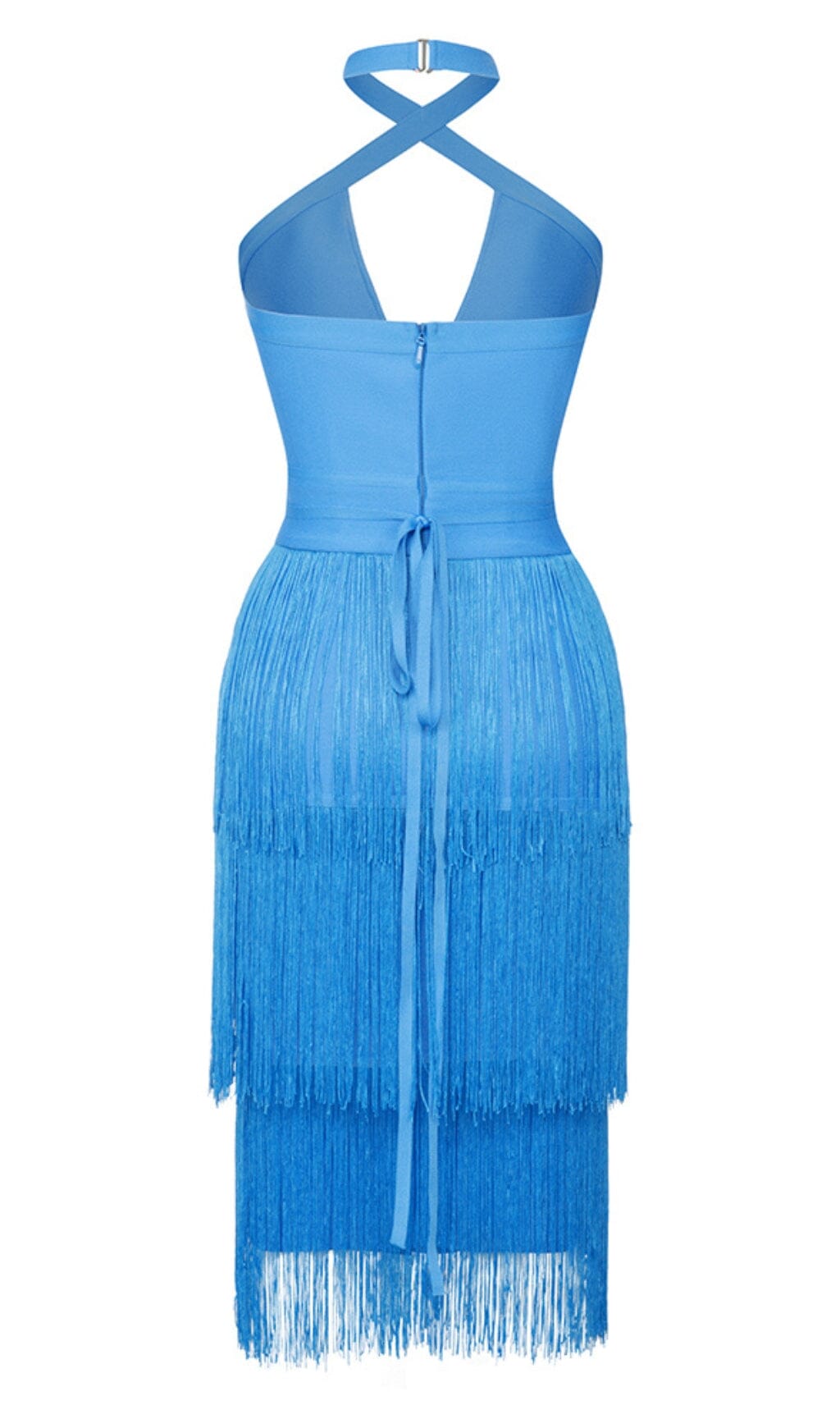 Tassel Halter Banage Midi Dress in Pure Blue