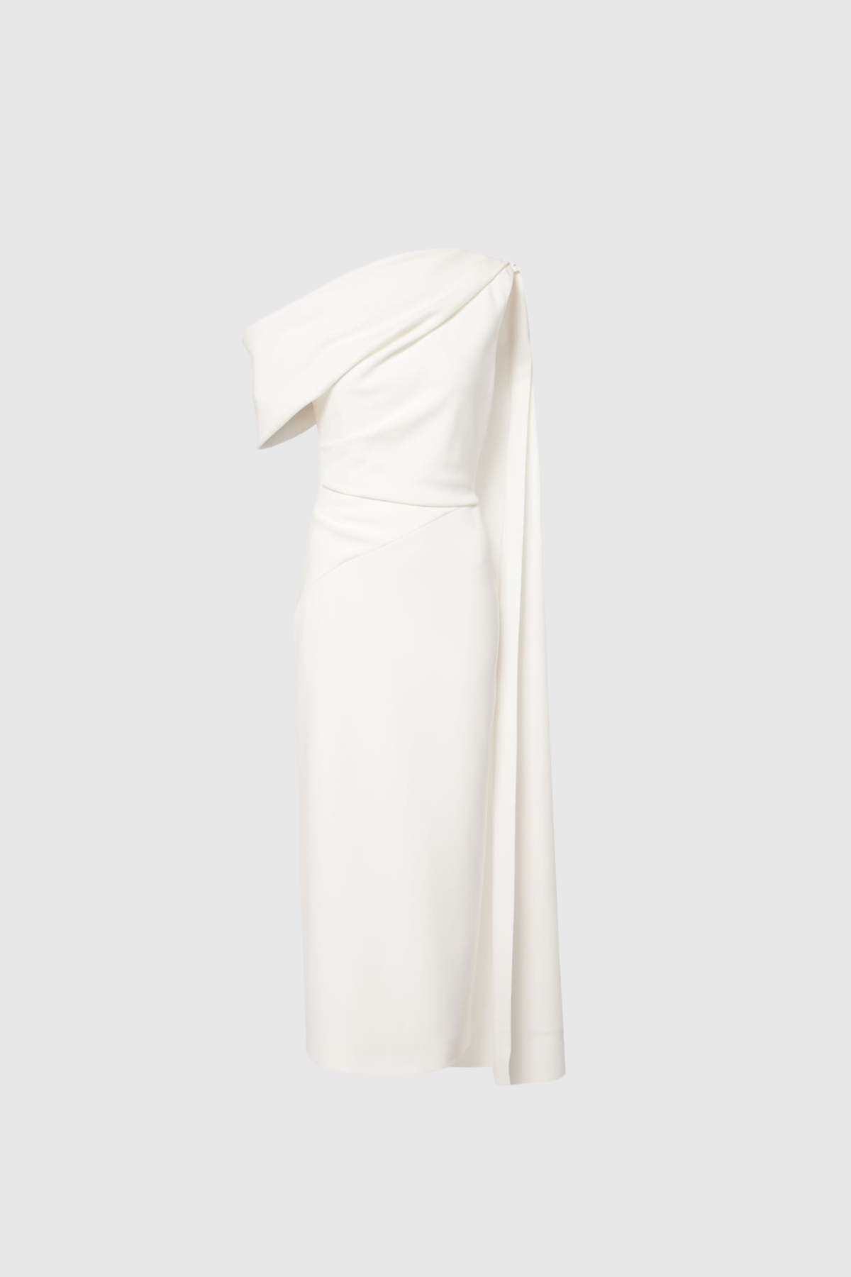 Candidus Shawl Ruch Asymmetric Midi Dress in White