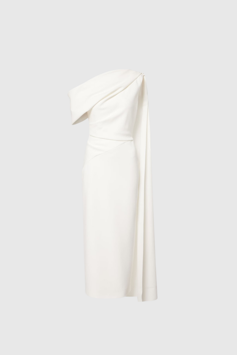 Candidus Shawl Ruch Asymmetric Midi Dress in White