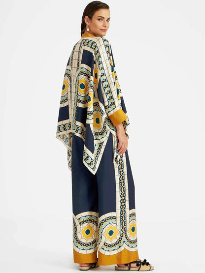 Fine Satin Print Batwing Sleeve Pants Set - Yellow-blue
