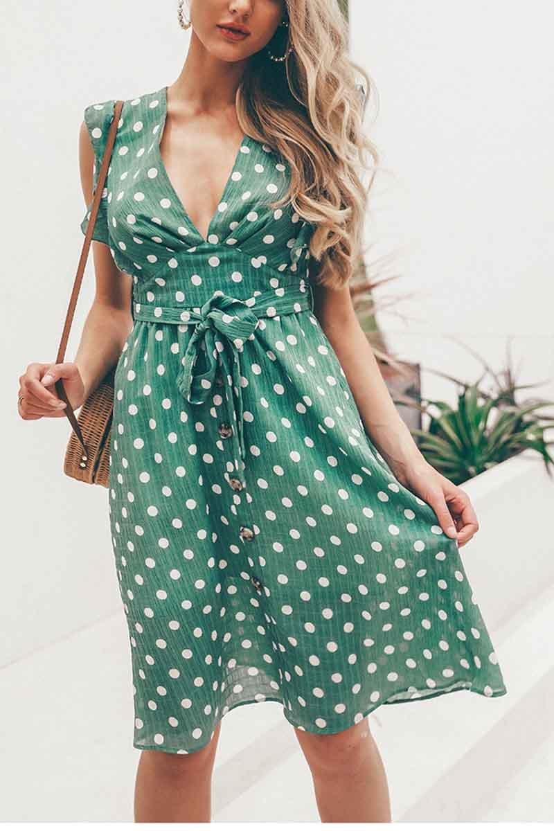 Deep V-neck Polka Dot Dress