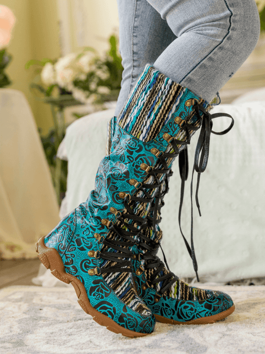 Soffia | Rose Embossed Teal Leather Tie-accent Boot