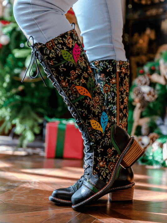 Soffia | Patchwork Applique Leather Canvas Boot