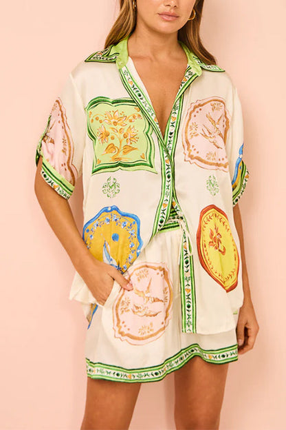 Resort Print Rolled Up Sleeves Blouse Shirt and Pocketed Shorts Set