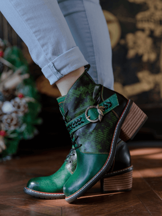 Soffia | Dark Green Leather Ankle Boot