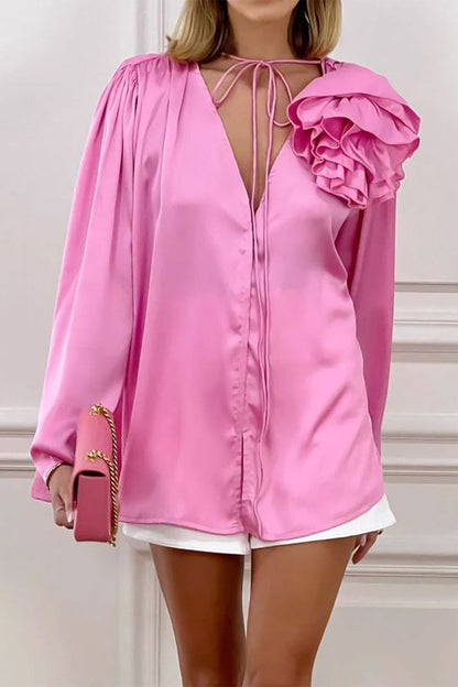 Pink V Neck Ruched Lace-up Blouse