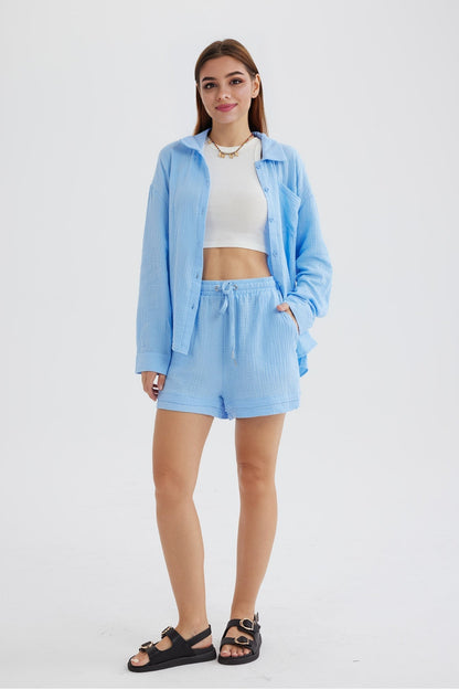 Long Sleeve Color Shirt Shorts Set