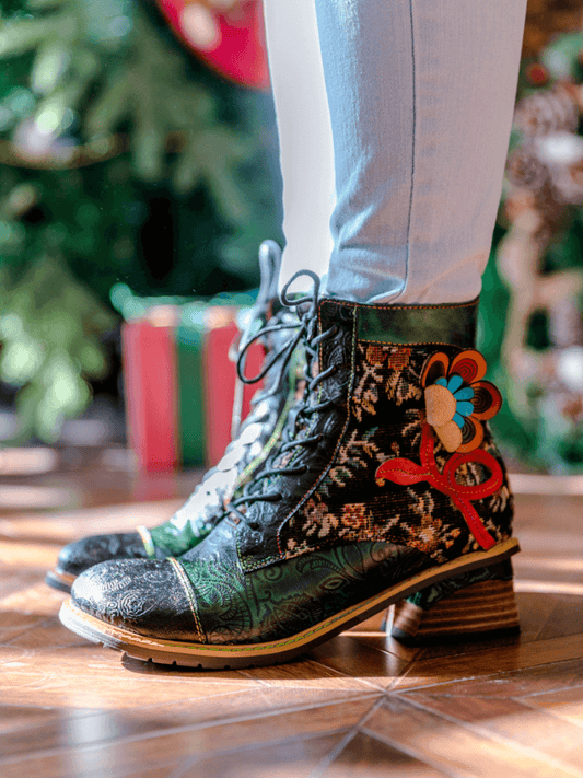 Soffia | Appliqued Lace Up Leather Ankle Boot