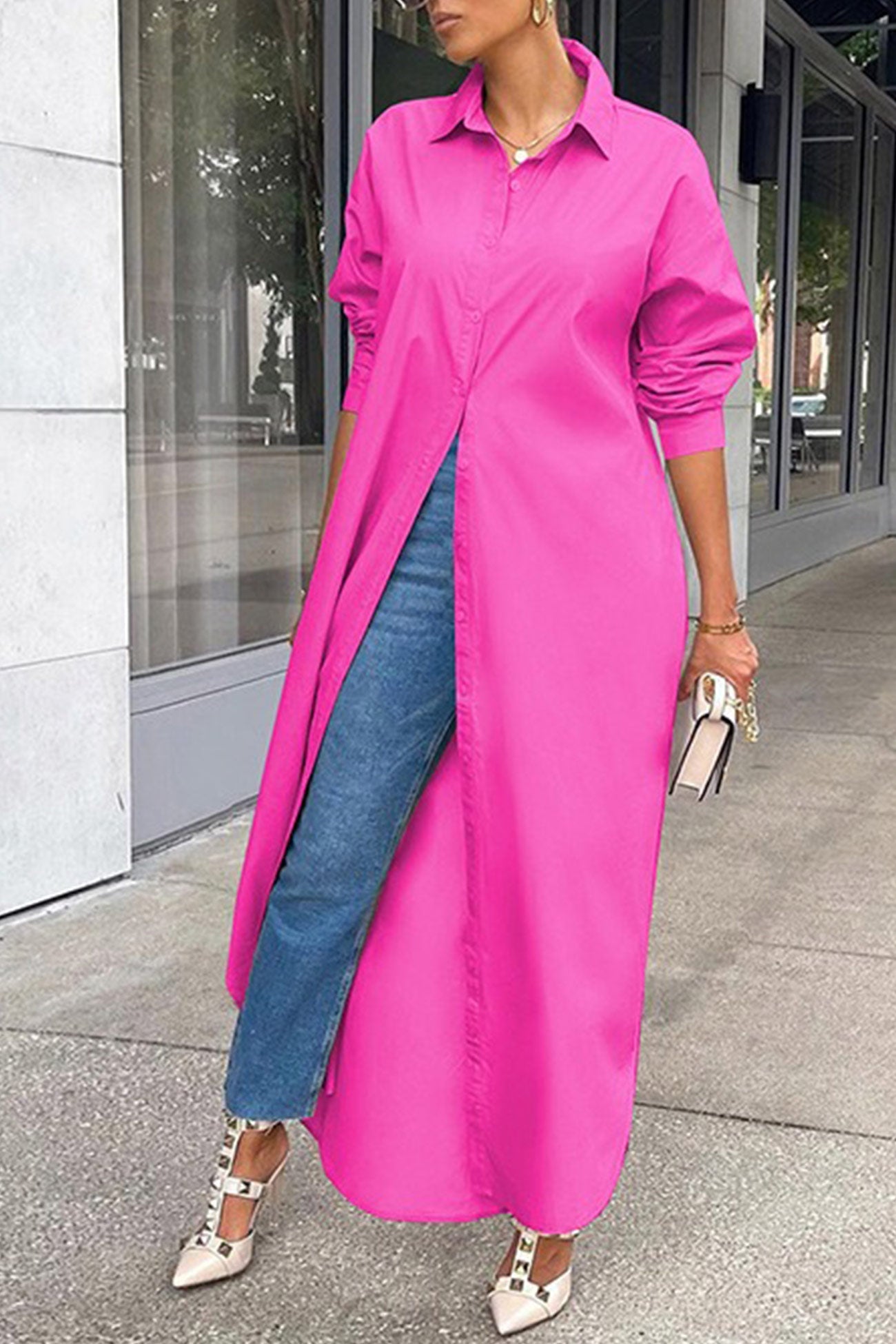Color Single-breasted Long Blouse