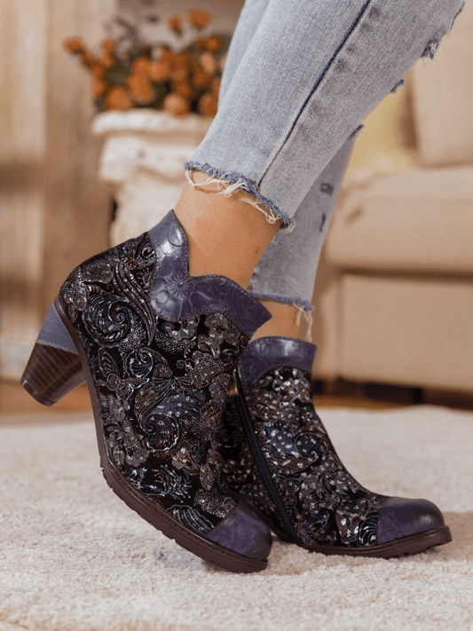 Soffia | Galaxy Paisley Embossed Leather Ankle Boot