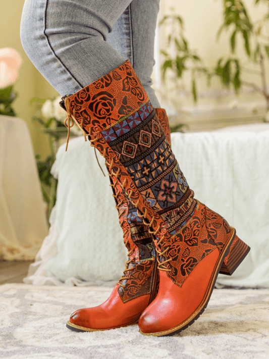Soffia | Geometry Patchwork Embossed Leather Knee High Boot