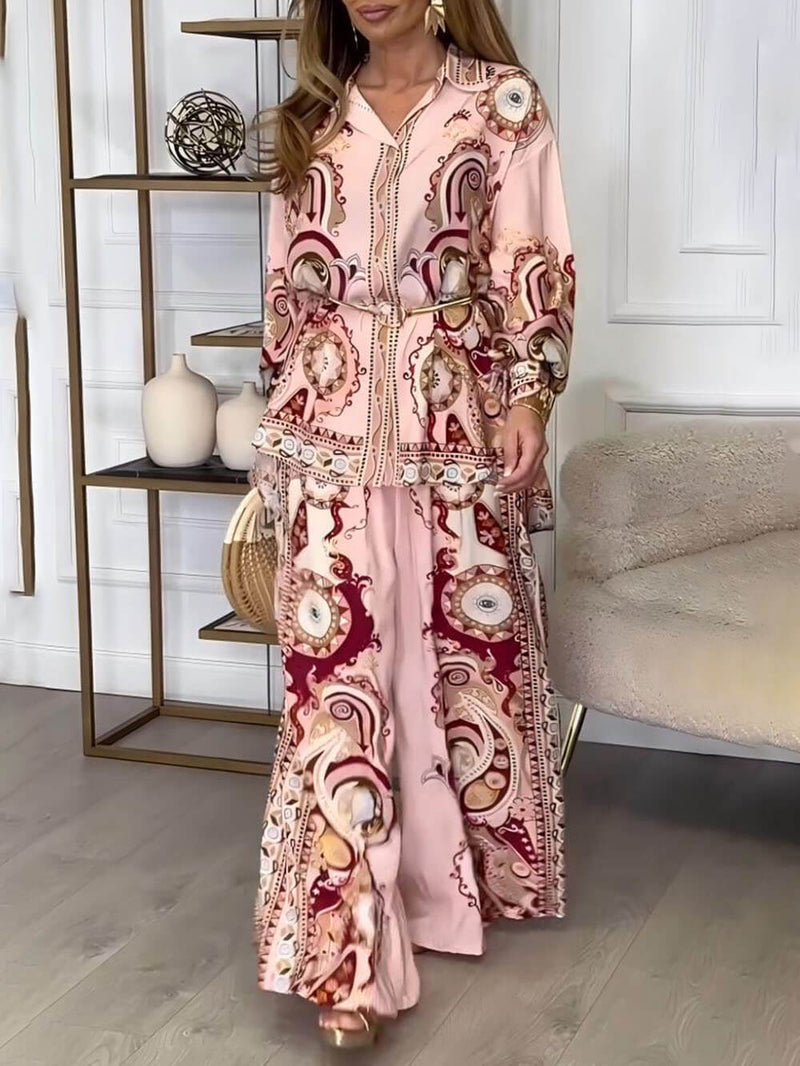 Modern and Exquisite Unique Satin Pattern Print Elastic Waist Loose Wide-leg Pants