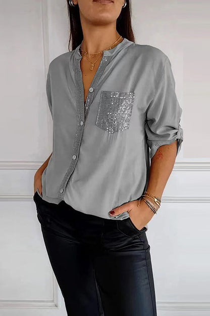 Rolled Up Sleeves Button Down Sequin Splice Blouse Shirt