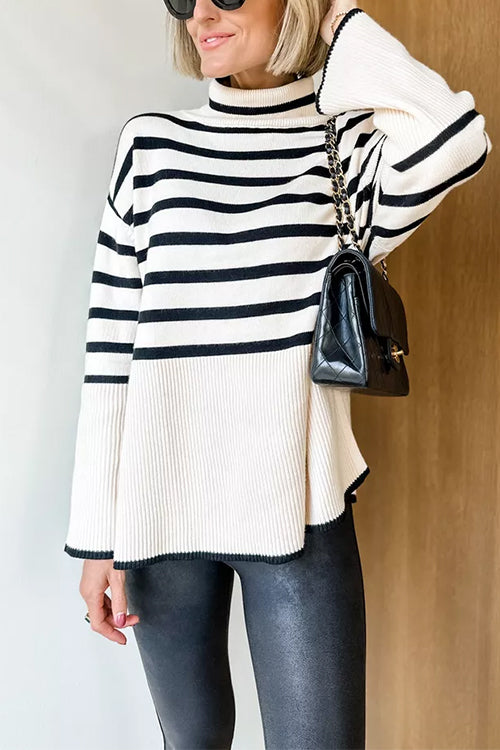 Turtleneck Side Split Striped Sweater