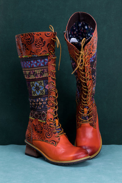 Soffia | Geometry Patchwork Embossed Leather Knee High Boot