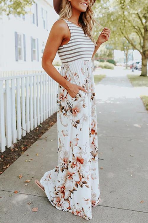 Moxidress Sleeveless Stripes Splice Maxi Dress