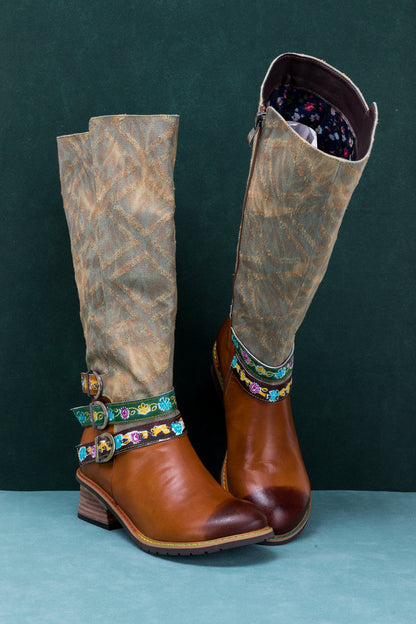 Soffia | Tri-strap Canvas Leather Knee High Boot