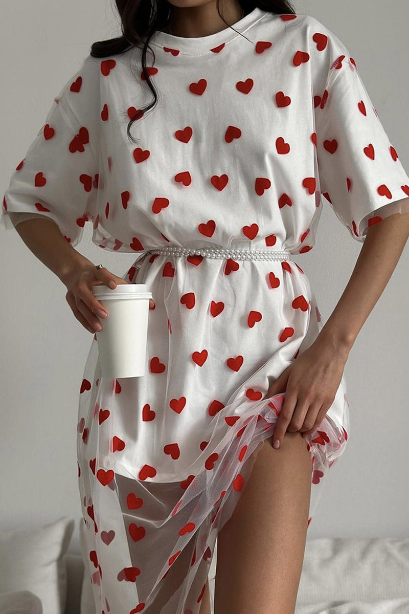 Heart Print Mesh Patchwork T-shirt Dress