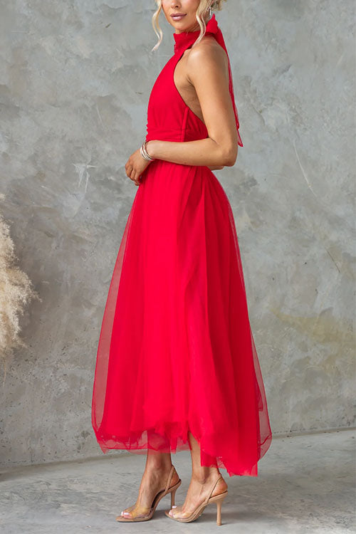 Moxidress Bow Knot Halter Open Back Tulle Maxi Dress
