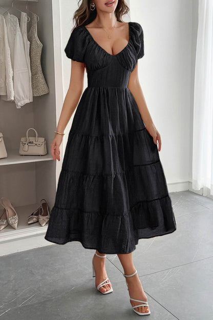 Low Cut Puff Sleeve Backless Tiered Dress