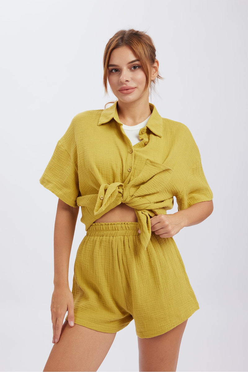Color Short Sleeve Shirt Cotton Two-piece Shorts Set