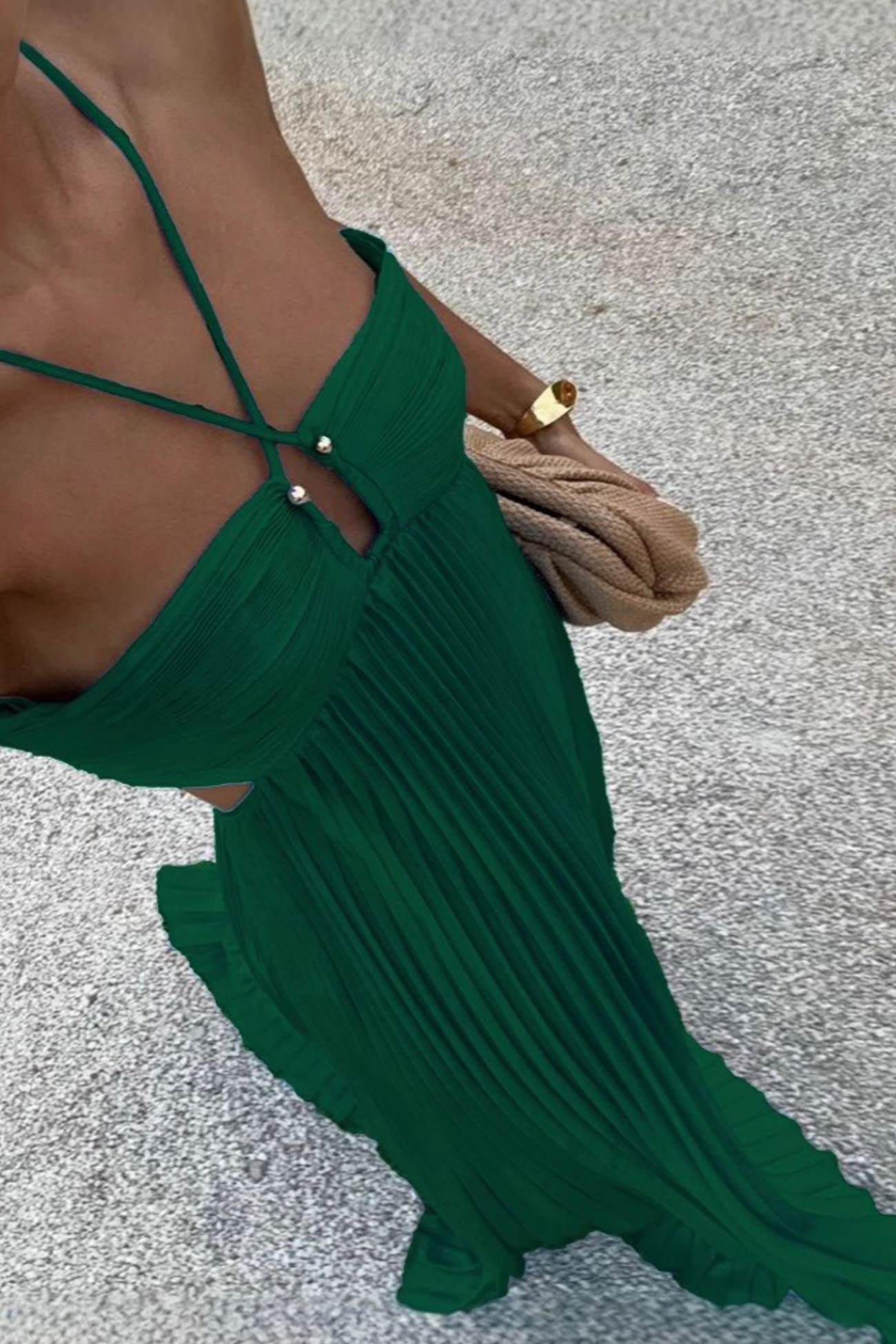 Halterneck Cutout Pleated Maxi Dress
