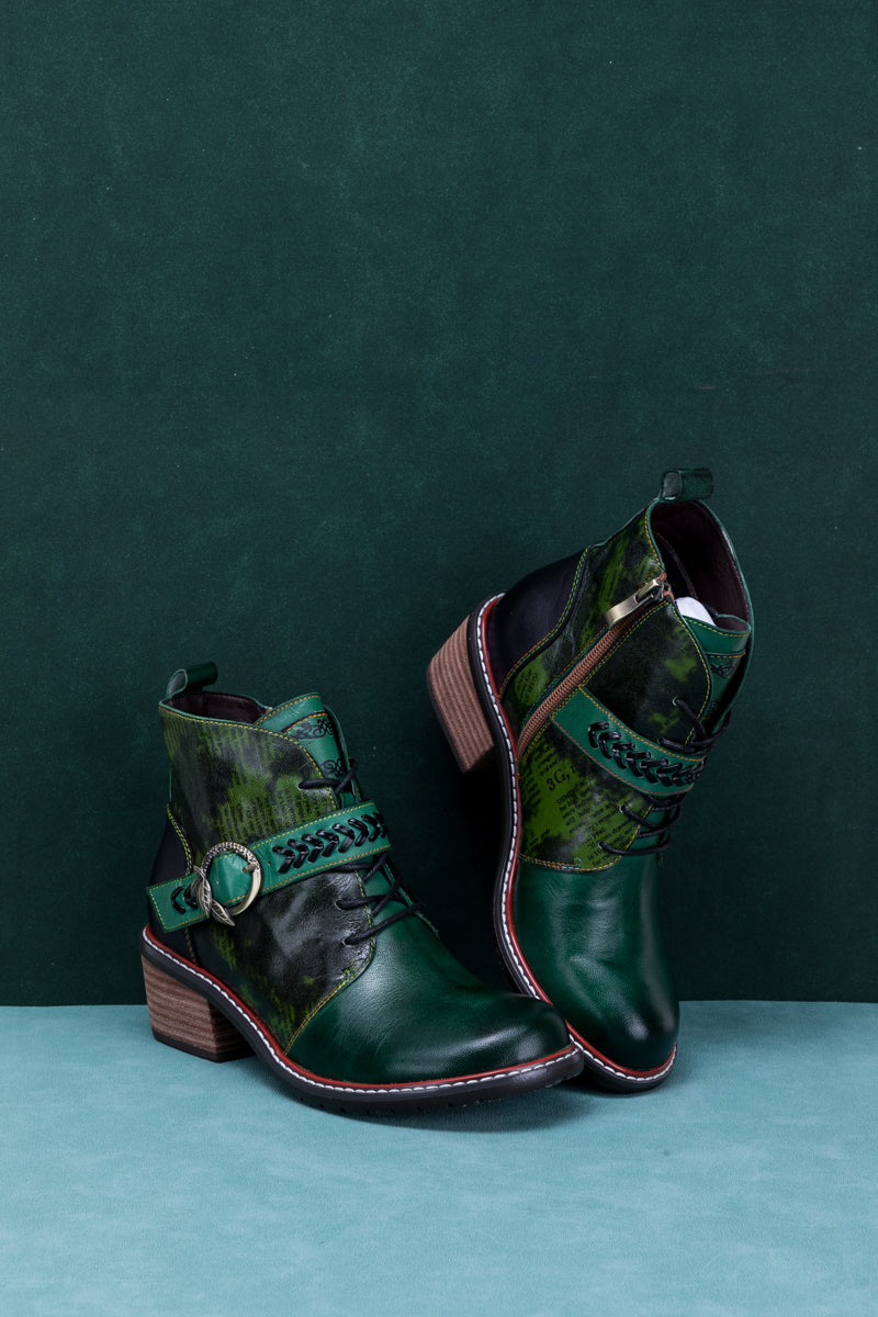 Soffia | Dark Green Leather Ankle Boot
