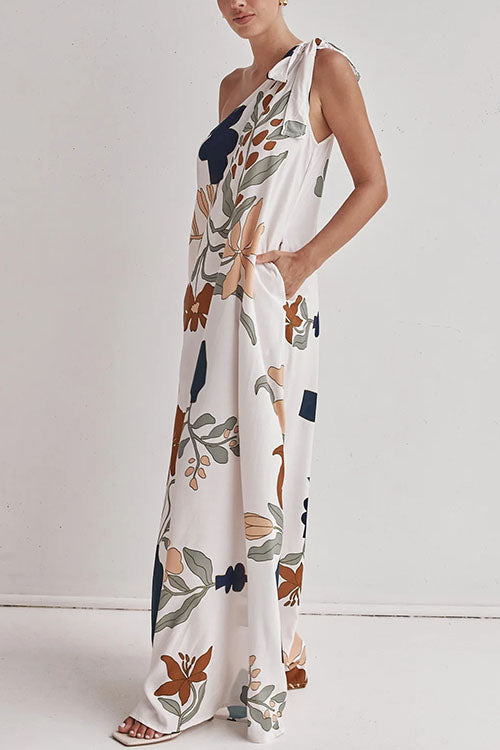 Tie Knot One Shoulder Print Maxi Dress