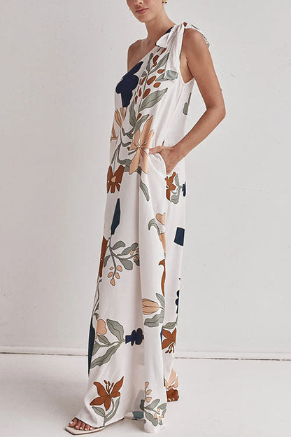 Tie Knot One Shoulder Print Maxi Dress