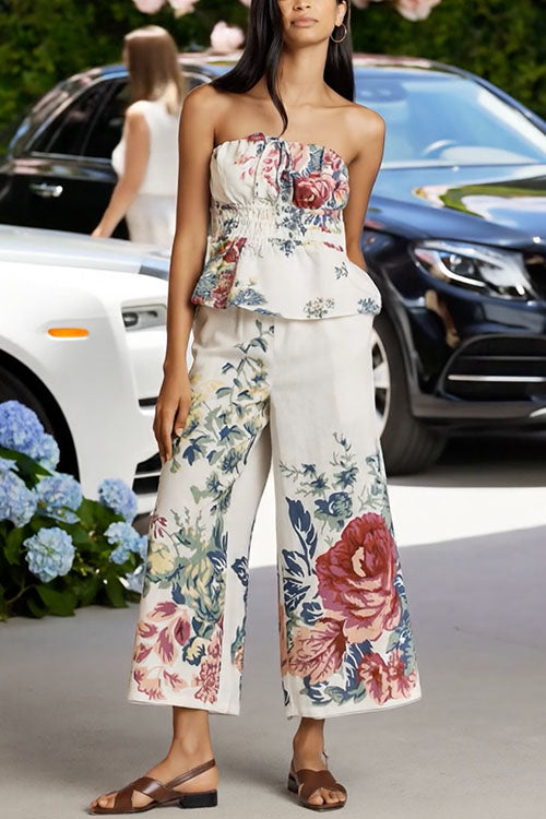 Moxidress Print Strapless Ruffle Tube Top and Smocked Waist Wide Leg Pants