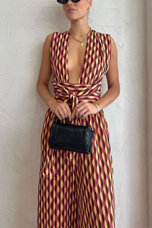 Back Criss Cross Knot Waist Wide Leg Printed Jumpsuit