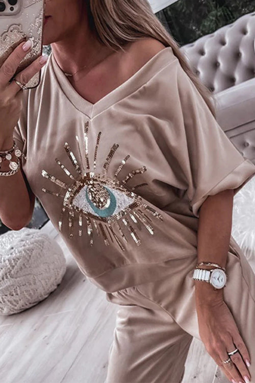 Sequin Pattern V Neck Short Sleeve Top With Pocketed Pants Set