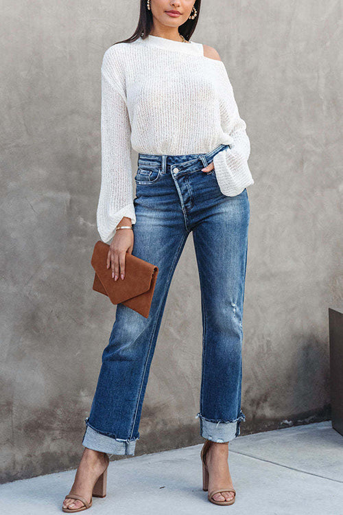 Moxidress High Waist Straight Leg Ripped Denim Pants