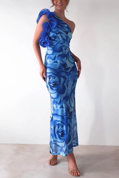 Moxidress Ruffle One Shoulder Print Bodycon Maxi Dress