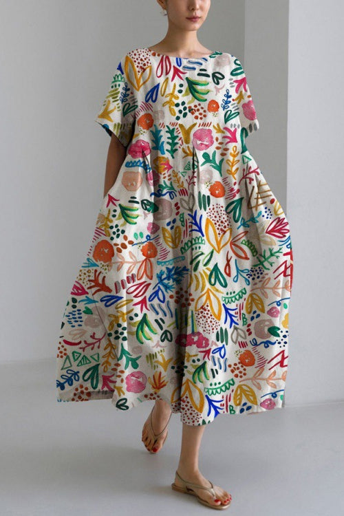 Printed Short Sleeves Pocketed A-line Midi Dress