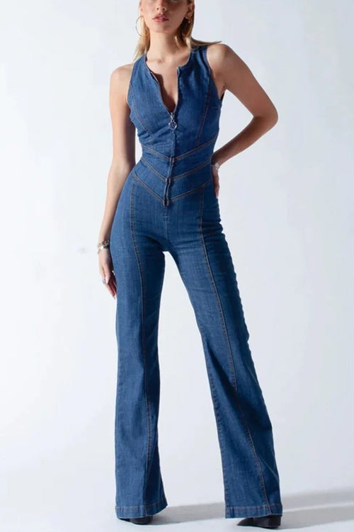 Zip Up Sleeveless Heart Back Bell Bottom Denim Jumpsuit