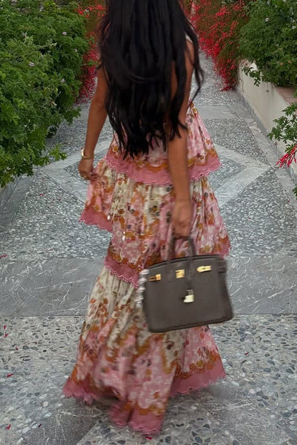 Moxidress Spaghetti Strap Back Lace-up Ruffle Layered Print Maxi Dress