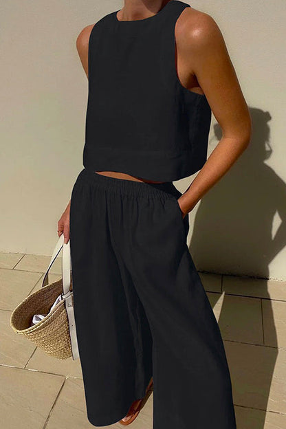 Crewneck Crop Tank Top Elastic Waist Wide Leg Pants Set