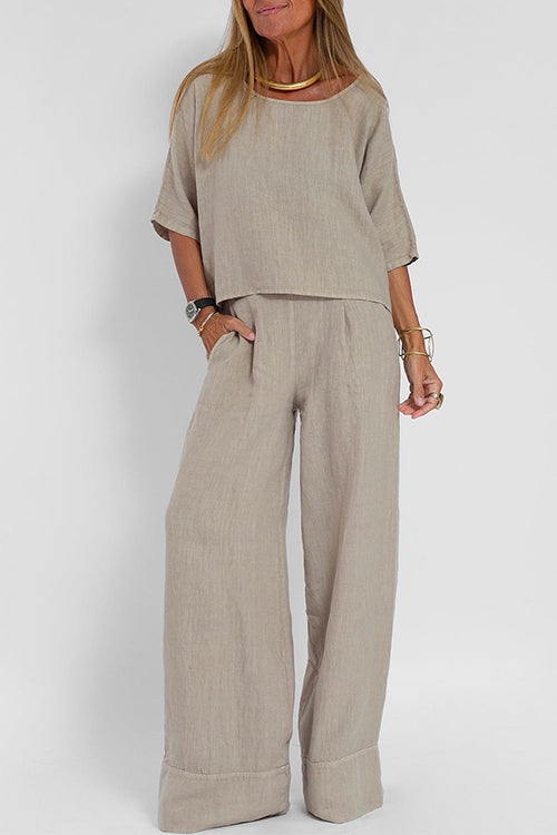 Round Neck 3/4 Sleeves Pullovers Wide Leg Pants Cotton Linen Set