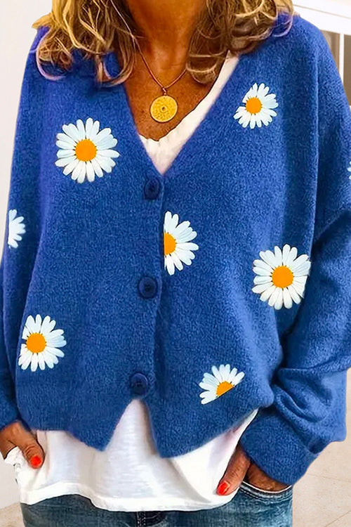 V Neck Button Up Daisy Embroidery Sweater Cardigan